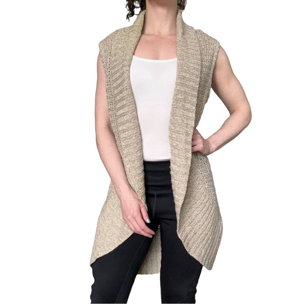 Francesca’s longline beige open cardigan knit grandma boho Lagenlook winter fall